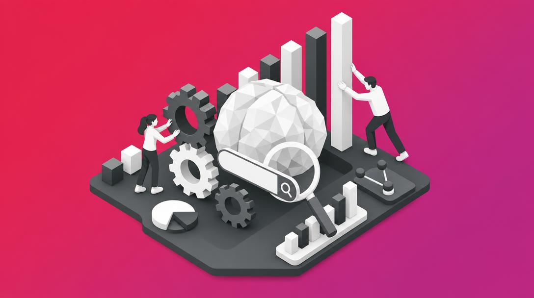 3D-Grafik: Personen optimieren ein KI-Gehirn mit Zahnrädern, Suchleiste und Balkendiagrammen.