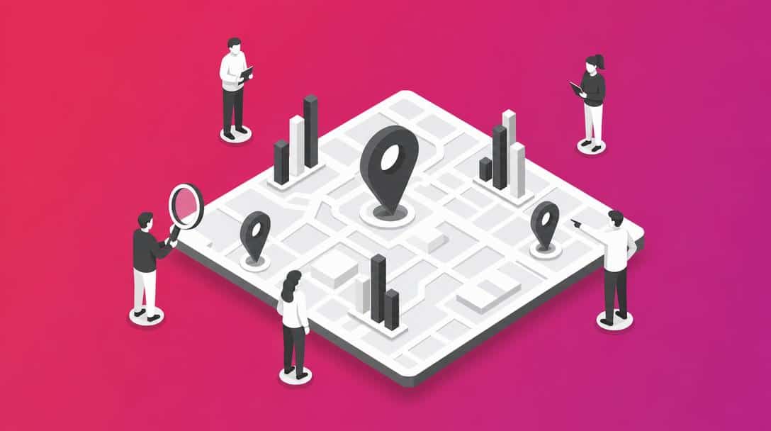 Vergleich deutscher GEO-Agenturen Personen analysieren eine 3D-Karte mit Standort-Pins und Diagrammen zum Agentur-Vergleich.