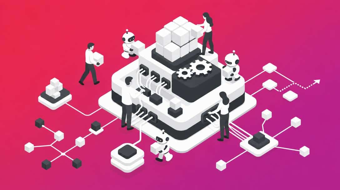 WordPress KI Integration und modulare CMS-Architektur Isometrische Grafik: Menschen und Roboter bauen an einer modularen CMS-Infrastruktur.