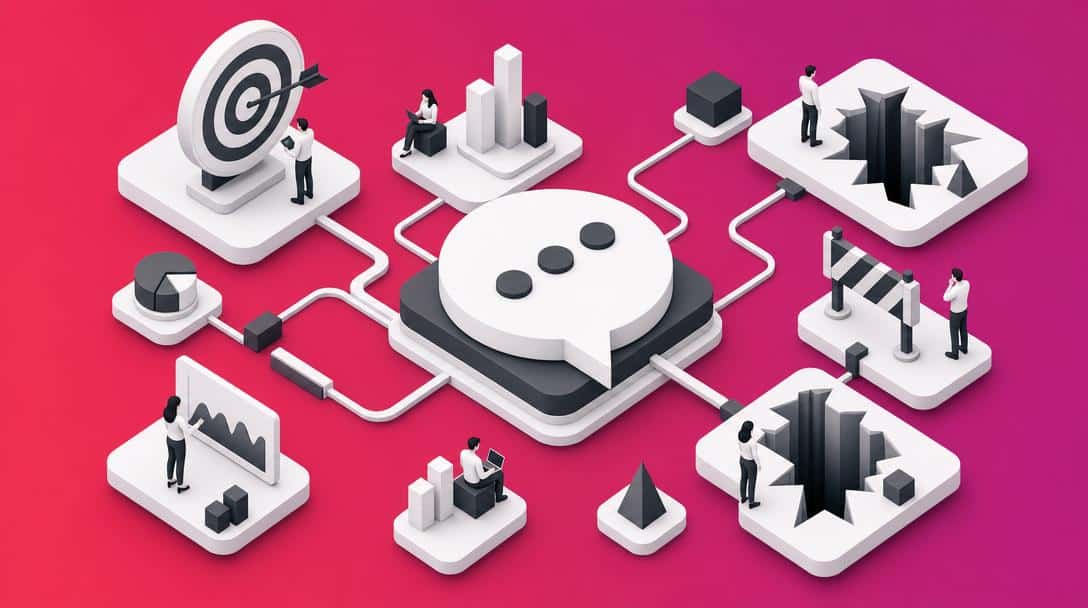 ChatGPT Ads Kampagnenplanung Zentrales Chat-Symbol vernetzt mit Zielscheibe, Analysediagrammen und symbolischen Abgründen.